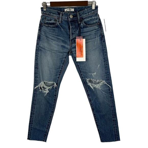 MOUSSY VISALIA DISTRESSED TAPERED BUTTON FLY JEANS IN BLUE NWT WOMEN'S SIZE 24 - Picture 2 of 16